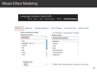 Mixed Eﬀect Modeling
77
NULL when the dependent variable is continuous
Fixed Eﬀects - independent variables
 