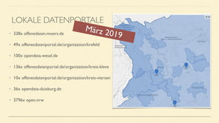 • 338x offenedaten.moers.de
• 49x offenesdatenportal.de/organization/krefeld
• 100x opendata.wesel.de
• 136x offenesdatenportal.de/organization/kreis-kleve
• 10x offenesdatenportal.de/organization/kreis-viersen
• 36x opendata-duisburg.de
• 3796x open.nrw
LOKALE DATENPORTALE
März 2019
 