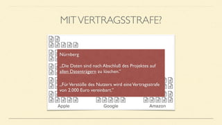 MITVERTRAGSSTRAFE?
Nürnberg
 
„Die Daten sind nach Abschluß des Projektes auf
allen Datenträgern zu löschen.”
„FürVerstöße des Nutzers wird eineVertragsstrafe
von 2.000 Euro vereinbart.”
 