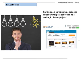 Inovadoramente Consultoria | 16/11/16
Por gratificação
Profissionais participam de agências
colaborativas para concorrer pela
aceitação de um projeto
 