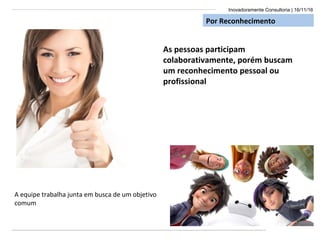 Inovadoramente Consultoria | 16/11/16
Por Reconhecimento
As pessoas participam
colaborativamente, porém buscam
um reconhecimento pessoal ou
profissional
A equipe trabalha junta em busca de um objetivo
comum
 