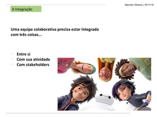 Marcelo Oliveira | 16/11/16
A Integração
Uma equipe colaborativa precisa estar integrada
com três coisas...
-
Entre si
-
Com sua atividade
-
Com stakeholders
 