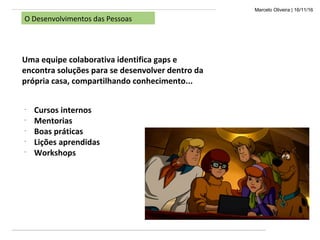Marcelo Oliveira | 16/11/16
O Desenvolvimentos das Pessoas
Uma equipe colaborativa identifica gaps e
encontra soluções para se desenvolver dentro da
própria casa, compartilhando conhecimento...
-
Cursos internos
-
Mentorias
-
Boas práticas
-
Lições aprendidas
-
Workshops
 