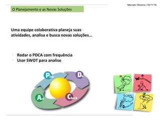 Marcelo Oliveira | 16/11/16
O Planejamento e as Novas Soluções
Uma equipe colaborativa planeja suas
atividades, analisa e busca novas soluções...
-
Rodar o PDCA com frequência
-
Usar SWOT para analise
 