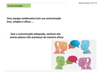 Marcelo Oliveira | 16/11/16
A comunicação
Uma equipe colaborativa tem sua comunicação
leve, simples e eficaz ...
-
Sem a comunicação adequada, nenhum dos
outros pilares irão acontecer de maneira eficaz
 