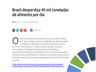 Fonte: https://economia.terra.com.br/brasil-desperdica-40-mil-toneladas-
de-alimento-por-dia,9ca8cd773b632479ed5bcba0abc1016fbmjwajh9.html
 