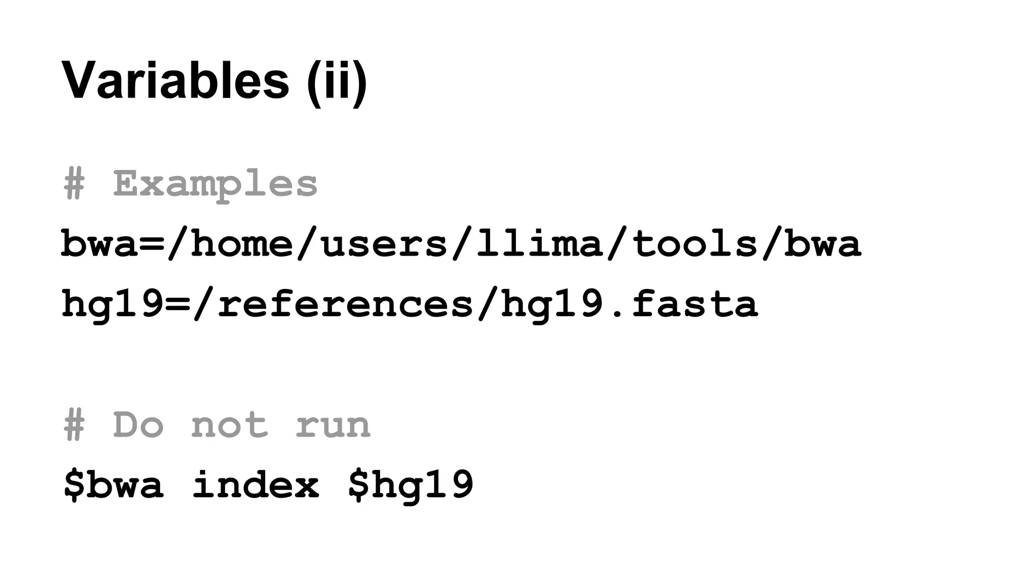 Variables (ii)
# Examples
bwa=/home/users/llima/tools/bwa
hg19=/references/hg19.fasta
# Do not run
$bwa index $hg19
 