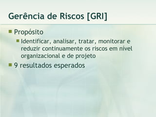 Gerência de Riscos [GRI] Propósito Identificar, analisar, tratar, monitorar e reduzir continuamente os riscos em nível organizacional e de projeto 9 resultados esperados 