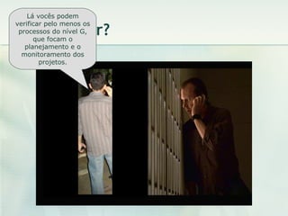 O que fazer? Lá vocês podem verificar pelo menos os processos do nível G, que focam o planejamento e o monitoramento dos projetos. 