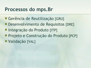 Processos do mps.Br Gerência de Reutilização  [GRU] Desenvolvimento de Requisitos  [DRE] Integração do Produto  [ITP] Projeto e Construção do Produto  [PCP] Validação  [VAL] 