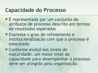Capacidade do Processo É representada por um conjunto de atributos de processo descrito em termos de resultados esperados Expressa o grau de refinamento e institucionalização com que o processo é executado Conforme evolui nos níveis de maturidade, um maior nível de capacidade para desempenhar o processo deve ser atingido pela organização. 