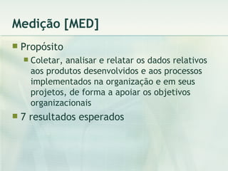 Medição [MED] Propósito Coletar, analisar e relatar os dados relativos aos produtos desenvolvidos e aos processos implementados na organização e em seus projetos, de forma a apoiar os objetivos organizacionais 7 resultados esperados 