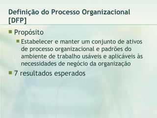 Definição do Processo Organizacional [DFP] Propósito Estabelecer e manter um conjunto de ativos de processo organizacional e padrões do ambiente de trabalho usáveis e aplicáveis às necessidades de negócio da organização 7 resultados esperados 