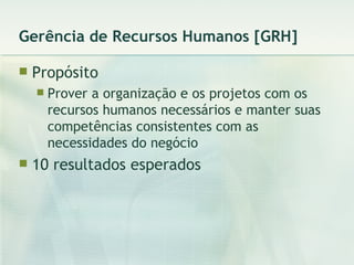 Gerência de Recursos Humanos [GRH] Propósito Prover a organização e os projetos com os recursos humanos necessários e manter suas competências consistentes com as necessidades do negócio 10 resultados esperados 
