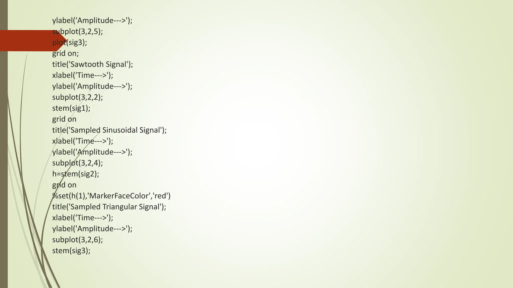 ylabel('Amplitude--->');
subplot(3,2,5);
plot(sig3);
grid on;
title('Sawtooth Signal');
xlabel('Time--->');
ylabel('Amplitude--->');
subplot(3,2,2);
stem(sig1);
grid on
title('Sampled Sinusoidal Signal');
xlabel('Time--->');
ylabel('Amplitude--->');
subplot(3,2,4);
h=stem(sig2);
grid on
%set(h(1),'MarkerFaceColor','red')
title('Sampled Triangular Signal');
xlabel('Time--->');
ylabel('Amplitude--->');
subplot(3,2,6);
stem(sig3);
 