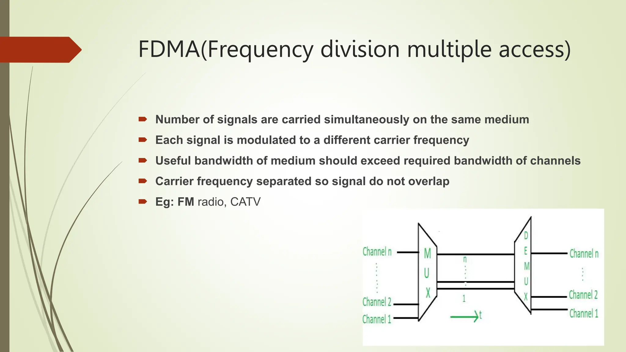 FDMA(Frequency division multiple access)
 Number of signals are carried simultaneously on the same medium
 Each signal is modulated to a different carrier frequency
 Useful bandwidth of medium should exceed required bandwidth of channels
 Carrier frequency separated so signal do not overlap
 Eg: FM radio, CATV
 