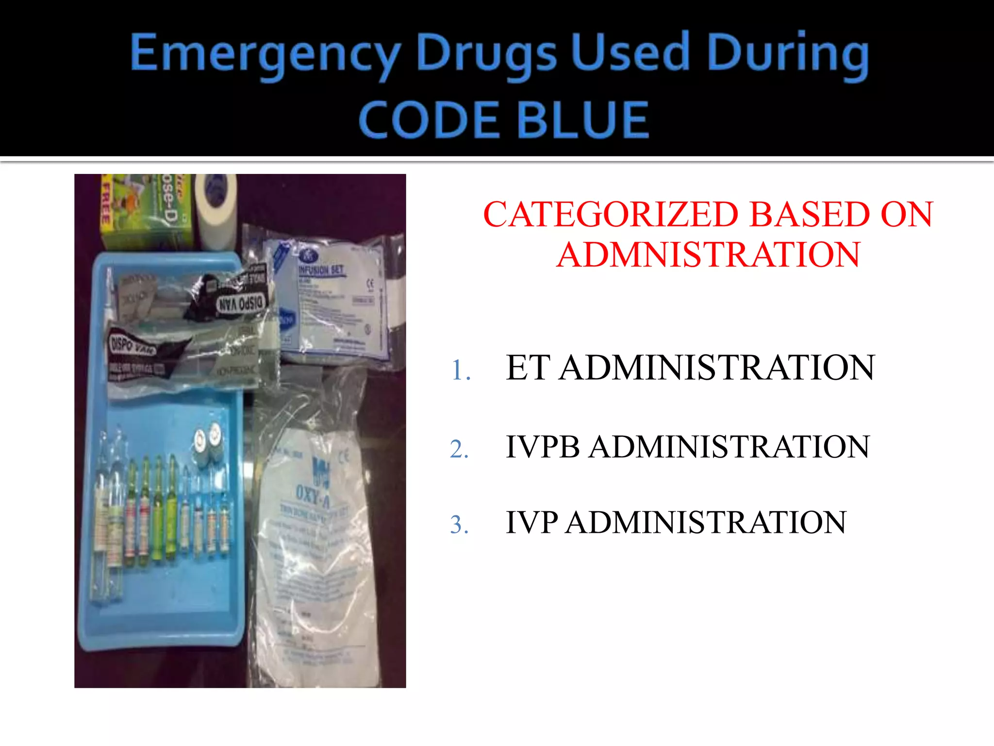 CATEGORIZED BASED ON
ADMNISTRATION
1. ET ADMINISTRATION
2. IVPB ADMINISTRATION
3. IVP ADMINISTRATION
 
