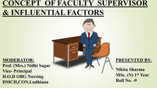CONCEPT OF FACULTY SUPERVISOR
& INFLUENTIAL FACTORS
MODERATOR:
Prof. (Mrs.) Nidhi Sagar
Vice- Principal
H.O.D OBG Nursing
DMCH,CON,Ludhiana
PRESENTED BY:
Nikita Sharma
MSc. (N) 1st Year
Roll No. -9
 