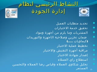 ‫النشاط الرئيسي لنظام‬
        ‫إدارة الجودة‬
                             ‫تحديد متطلبات العميل‬            ‫‪‬‬
                            ‫تحقيق خدمة الختبارات‬             ‫‪‬‬
             ‫ال مشتريات و ما يلزم من أجهزة ومواد‬             ‫‪‬‬
        ‫ضمان تخزين وصلحية ال اجهزة والتوريدات‬                ‫‪‬‬
                                    ‫) كيماويات .....(‬
                             ‫تخطيط عملية الختبار‬             ‫‪‬‬
                   ‫مراقبة أجهزة التفتيش والختبار‬             ‫‪‬‬
                              ‫إصدار شهادة الختبار‬            ‫‪‬‬
                              ‫استطلع راي العملء‬              ‫‪‬‬
‫تحليل شكاوي العملء وقياس رضا العملء والتحسين‬                 ‫‪‬‬
                                            ‫المستمر‬     ‫32‬
 