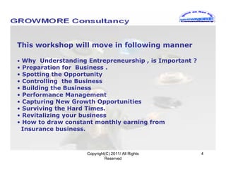 This workshop will move in following manner

• Why Understanding Entrepreneurship , is Important ?
•   Preparation for Business .
•   Spotting the Opportunity
•   Controlling the Business
•   Building the Business
•   Performance Management
•   Capturing New Growth Opportunities
•   Surviving the Hard Times.
•   Revitalizing your business
•   How to draw constant monthly earning from
    Insurance business.



                      Copyright(C) 2011/ All Rights     4
                               Reserved
 