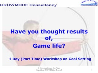Have you thought results
          of,
      Game life?

1 Day (Part Time) Workshop on Goal Setting

              By Growmore Content Dev. Team.
             Copyright(c) 2011/ All Rights Reserved   1
 