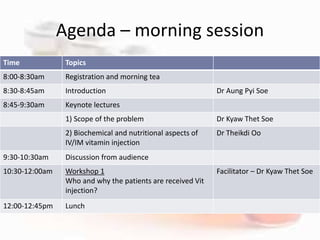 Agenda – morning session
Time Topics
8:00-8:30am Registration and morning tea
8:30-8:45am Introduction Dr Aung Pyi Soe
8:45-9:30am Keynote lectures
1) Scope of the problem Dr Kyaw Thet Soe
2) Biochemical and nutritional aspects of
IV/IM vitamin injection
Dr Theikdi Oo
9:30-10:30am Discussion from audience
10:30-12:00am Workshop 1
Who and why the patients are received Vit
injection?
Facilitator – Dr Kyaw Thet Soe
12:00-12:45pm Lunch
 