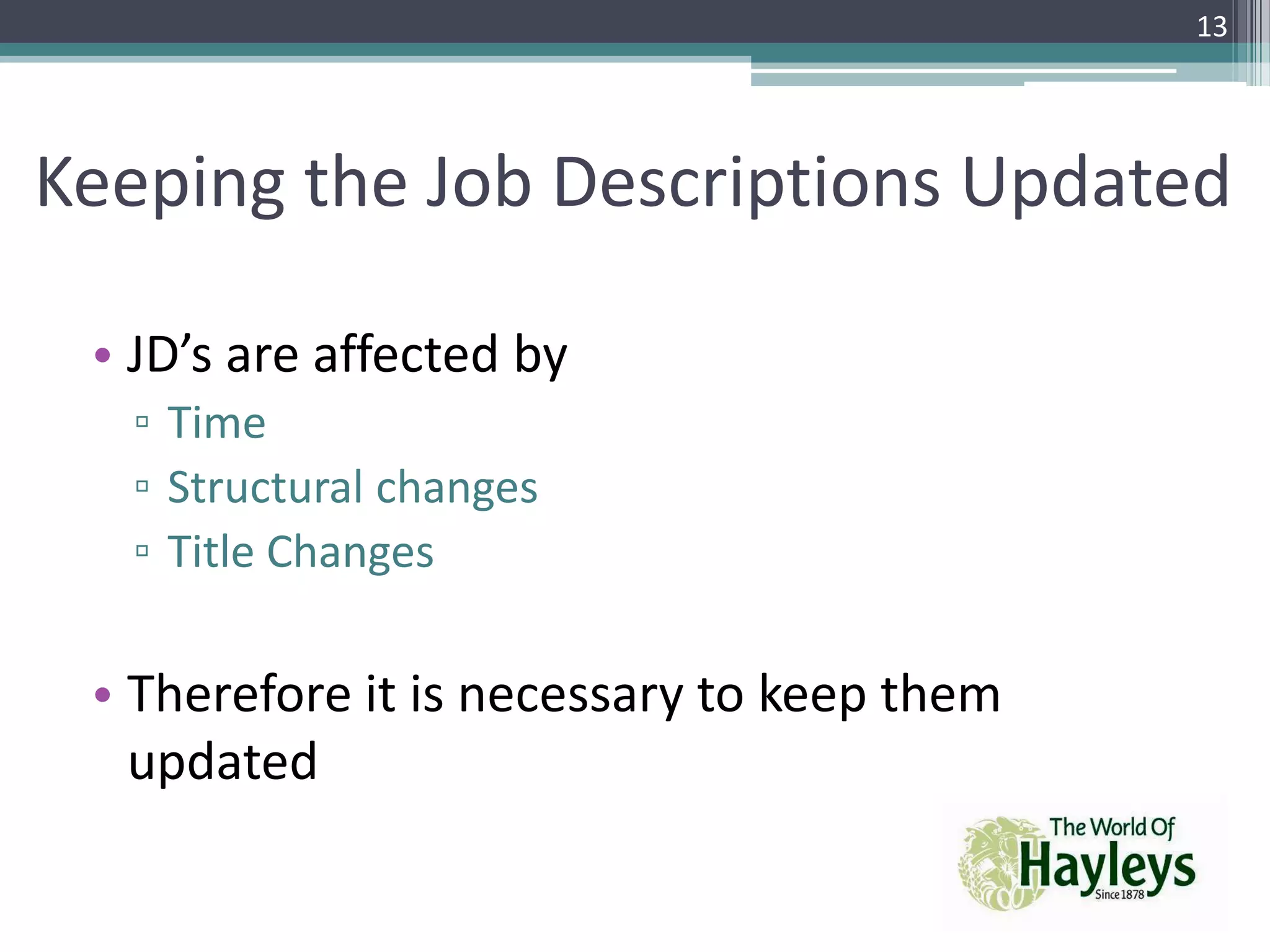 Keeping the Job Descriptions Updated
• JD’s are affected by
▫ Time
▫ Structural changes
▫ Title Changes
• Therefore it is necessary to keep them
updated
13
 