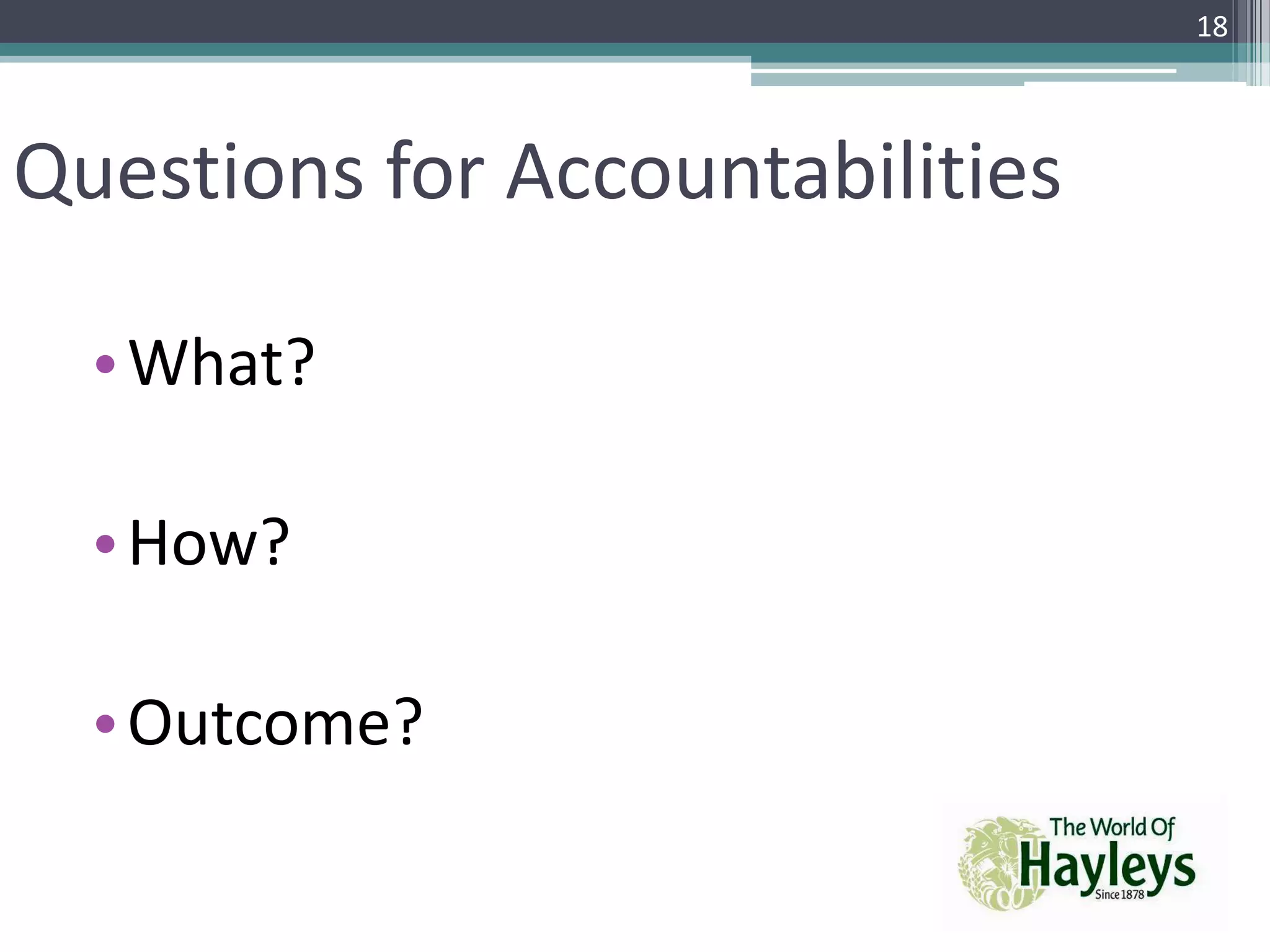 •What?
•How?
•Outcome?
Questions for Accountabilities
18
 