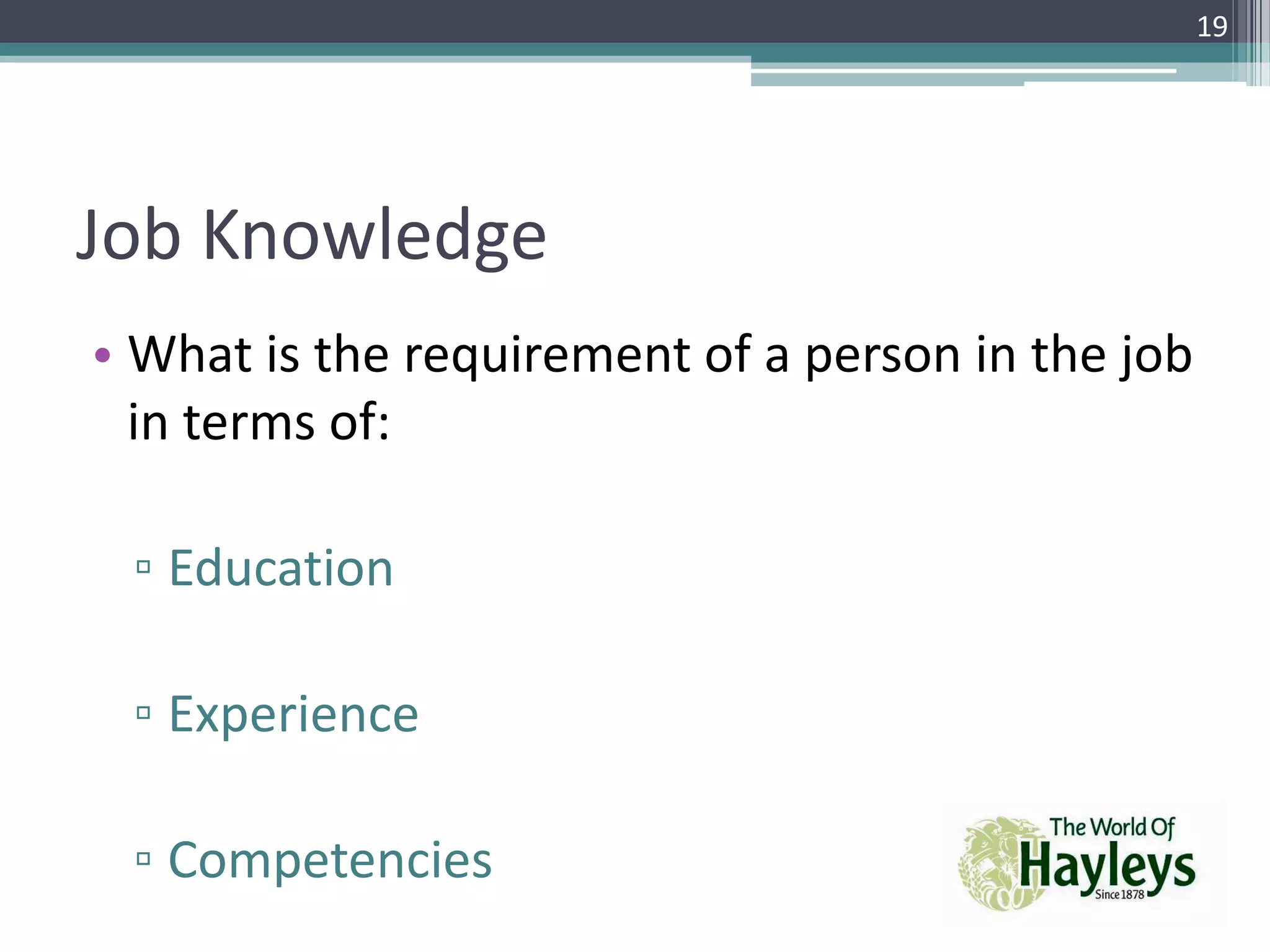 Job Knowledge
• What is the requirement of a person in the job
in terms of:
▫ Education
▫ Experience
▫ Competencies
19
 