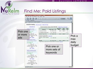 Find Me: Paid Listings Pick one or more ads Pick one or more sets of keywords Pick a max daily budget 