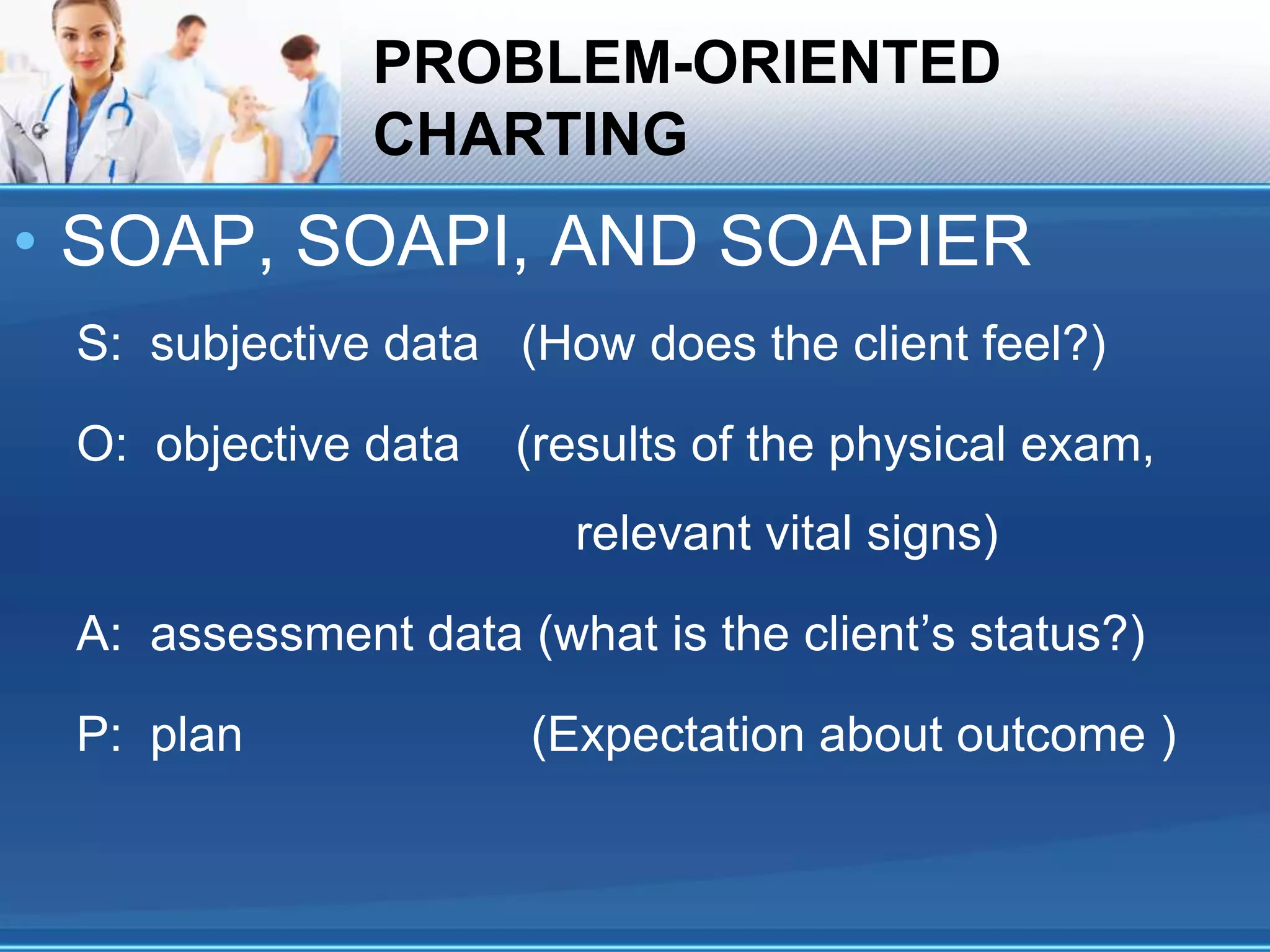 PROBLEM-ORIENTED
CHARTING
• SOAP, SOAPI, AND SOAPIER
S: subjective data (How does the client feel?)
O: objective data (results of the physical exam,
relevant vital signs)
A: assessment data (what is the client’s status?)
P: plan (Expectation about outcome )
 