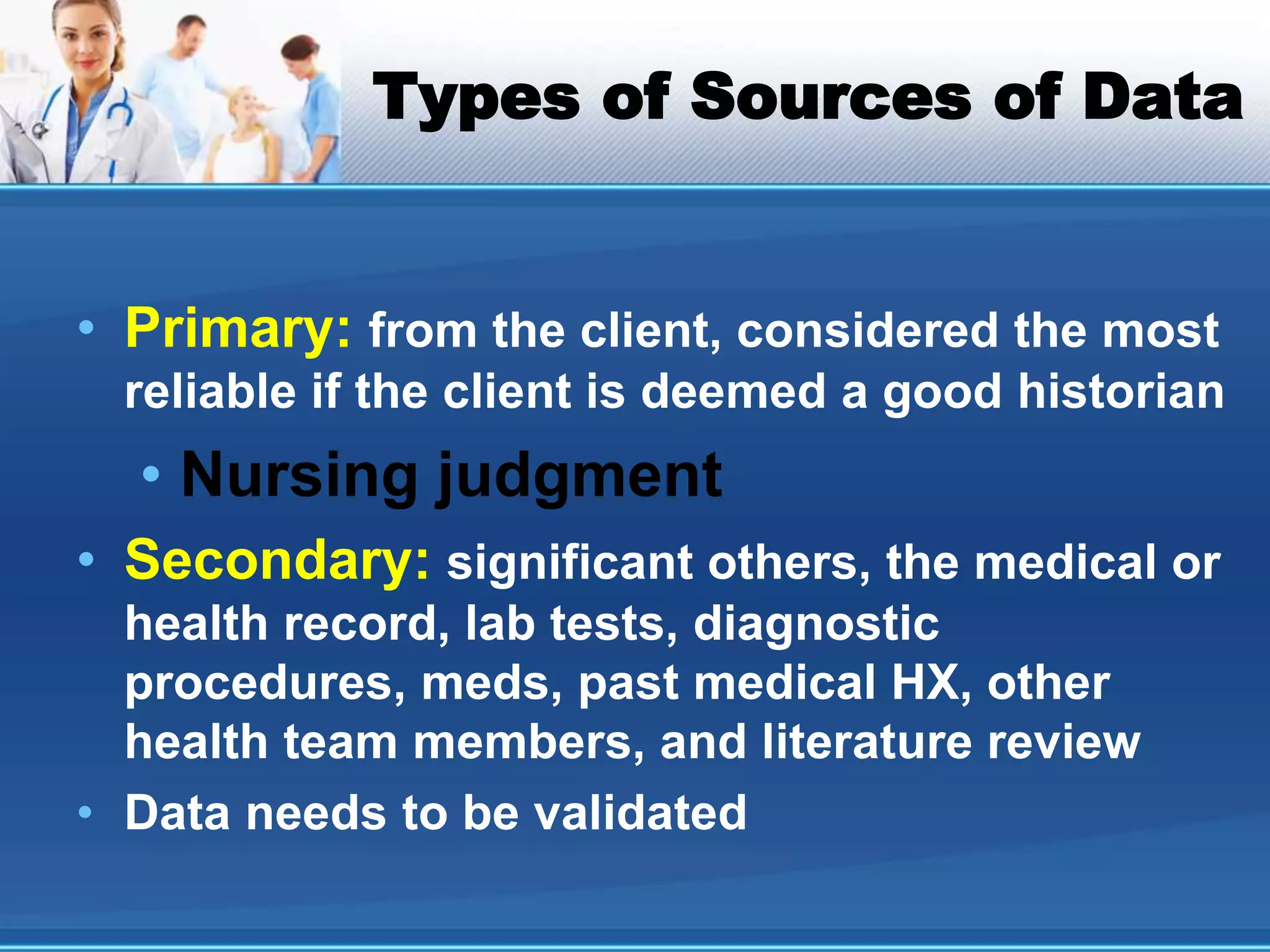Types of Sources of Data
• Primary: from the client, considered the most
reliable if the client is deemed a good historian
• Nursing judgment
• Secondary: significant others, the medical or
health record, lab tests, diagnostic
procedures, meds, past medical HX, other
health team members, and literature review
• Data needs to be validated
 