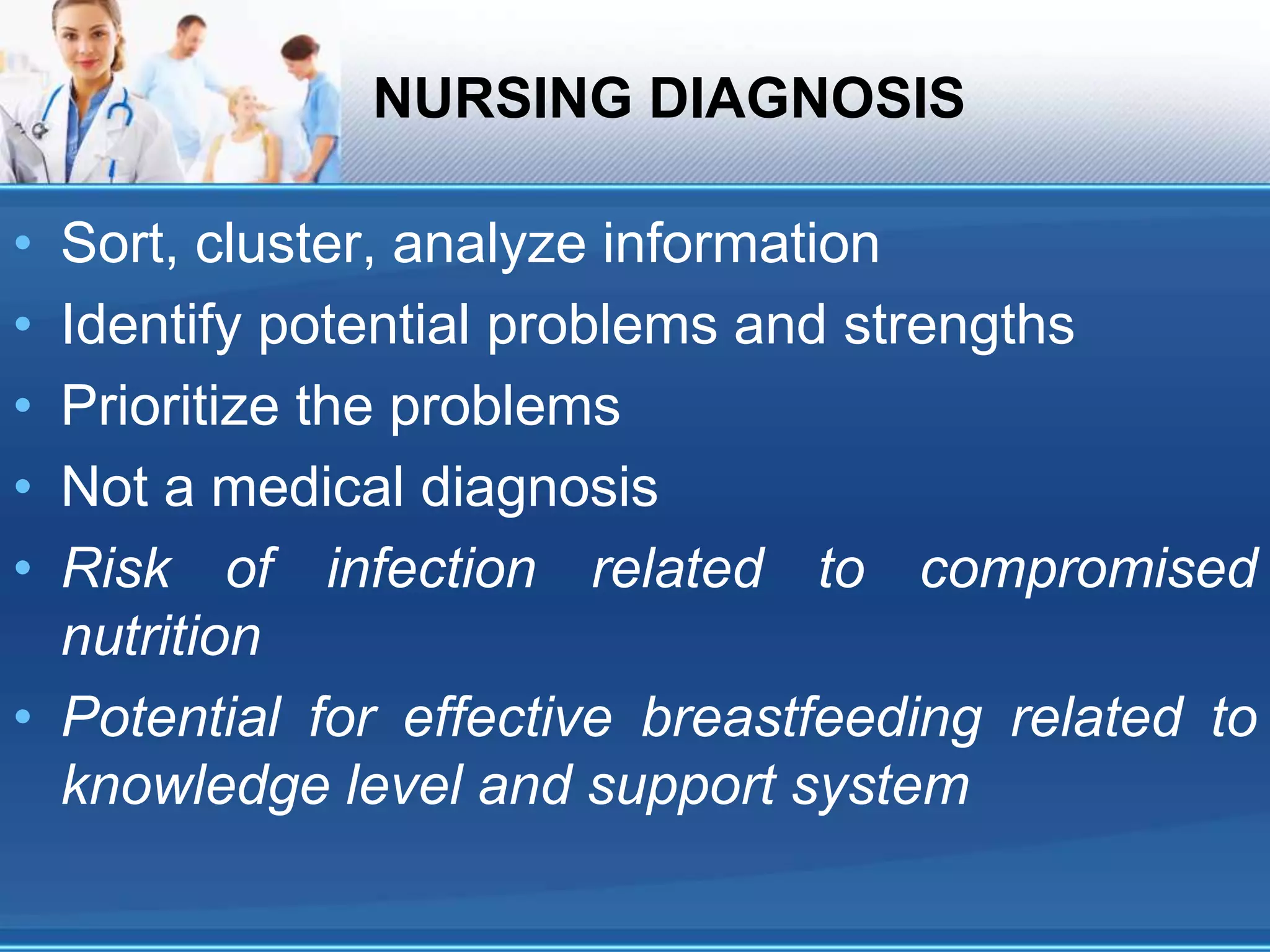 NURSING DIAGNOSIS
• Sort, cluster, analyze information
• Identify potential problems and strengths
• Prioritize the problems
• Not a medical diagnosis
• Risk of infection related to compromised
nutrition
• Potential for effective breastfeeding related to
knowledge level and support system
 