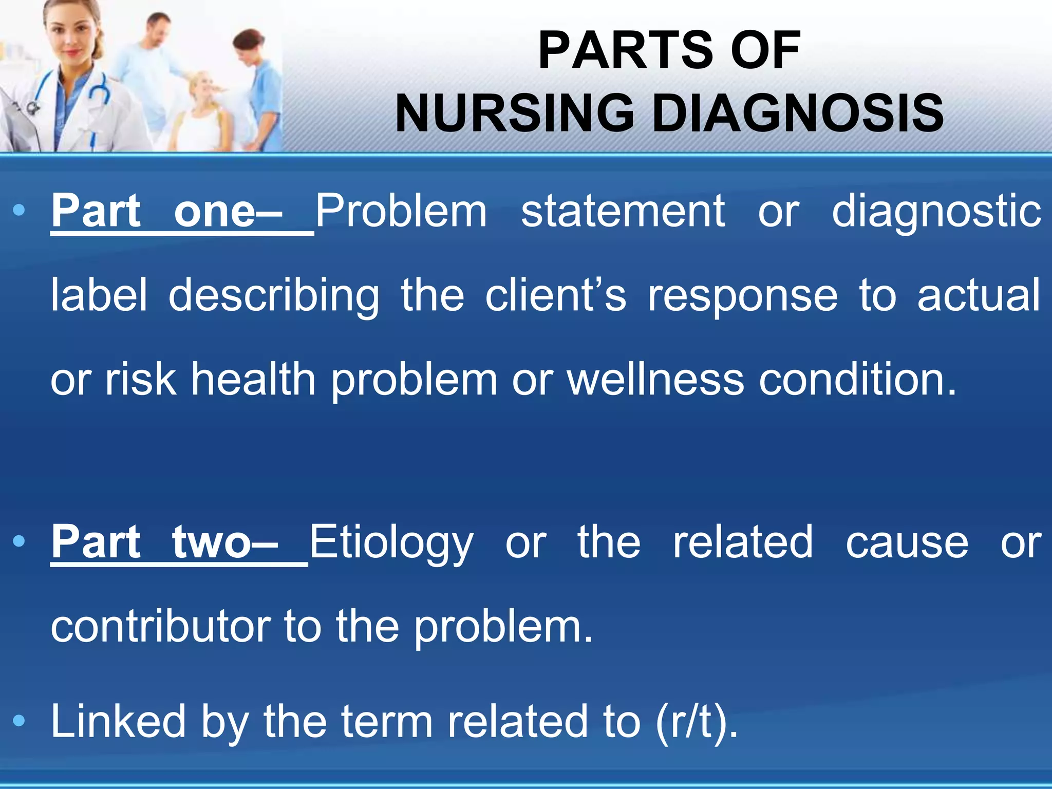 PARTS OF
NURSING DIAGNOSIS
• Part one– Problem statement or diagnostic
label describing the client’s response to actual
or risk health problem or wellness condition.
• Part two– Etiology or the related cause or
contributor to the problem.
• Linked by the term related to (r/t).
 