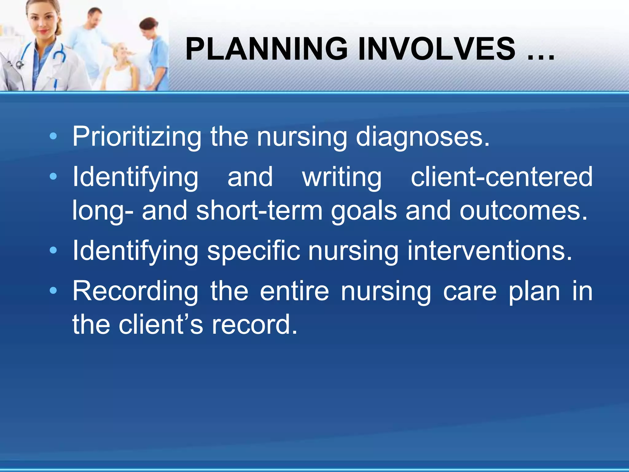 PLANNING INVOLVES …
• Prioritizing the nursing diagnoses.
• Identifying and writing client-centered
long- and short-term goals and outcomes.
• Identifying specific nursing interventions.
• Recording the entire nursing care plan in
the client’s record.
 