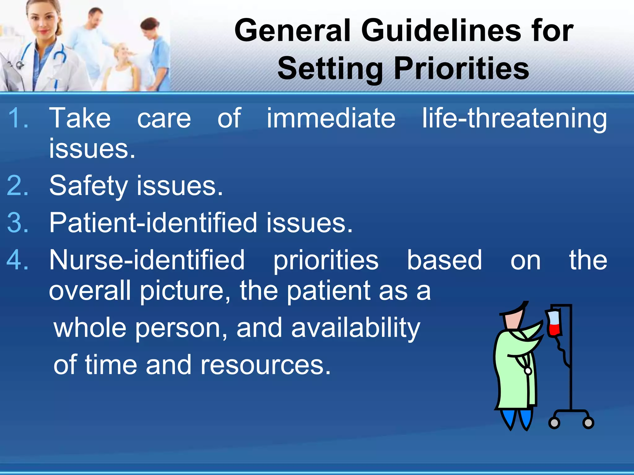General Guidelines for
Setting Priorities
1. Take care of immediate life-threatening
issues.
2. Safety issues.
3. Patient-identified issues.
4. Nurse-identified priorities based on the
overall picture, the patient as a
whole person, and availability
of time and resources.
 
