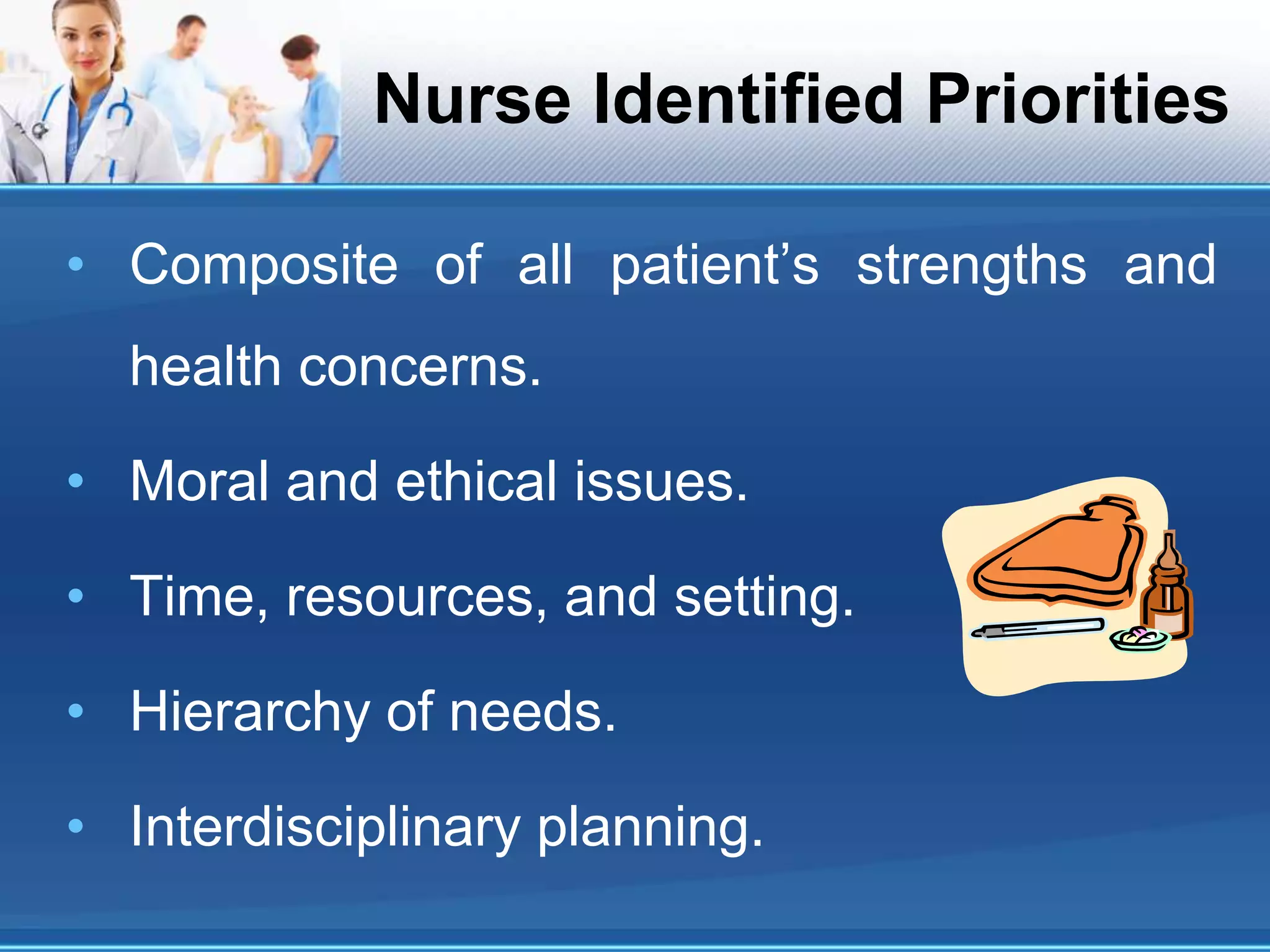 Nurse Identified Priorities
• Composite of all patient’s strengths and
health concerns.
• Moral and ethical issues.
• Time, resources, and setting.
• Hierarchy of needs.
• Interdisciplinary planning.
 