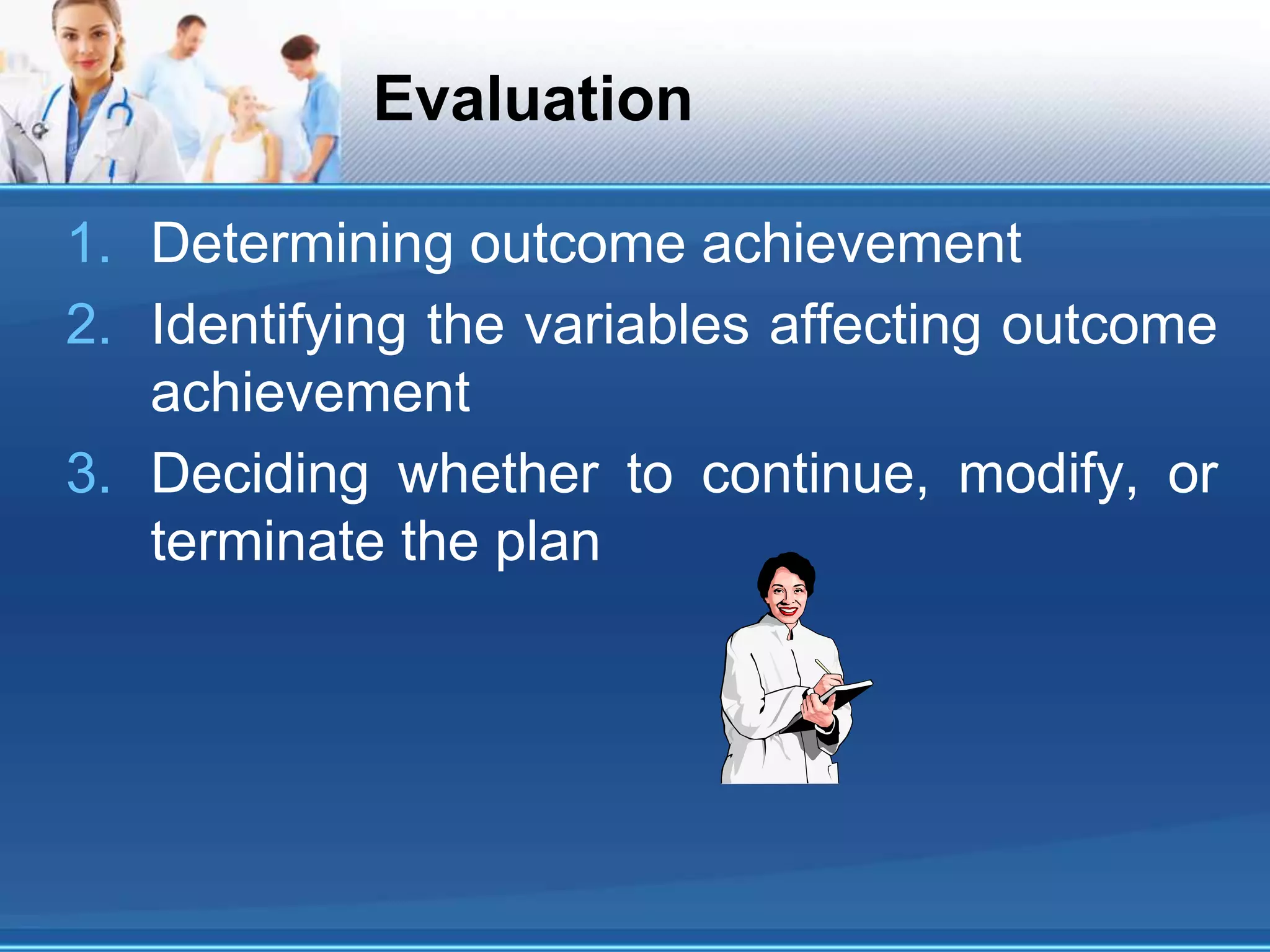 Evaluation
1. Determining outcome achievement
2. Identifying the variables affecting outcome
achievement
3. Deciding whether to continue, modify, or
terminate the plan
 