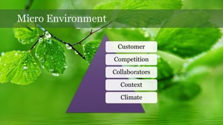 Micro Environment
Customer
Competition
Collaborators
Context
Climate
 