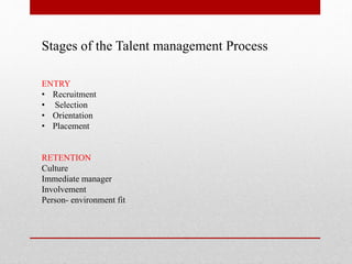 Stages of the Talent management Process
ENTRY
• Recruitment
• Selection
• Orientation
• Placement
RETENTION
Culture
Immediate manager
Involvement
Person- environment fit
 