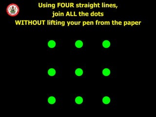 Using FOUR straight lines,
           join ALL the dots
WITHOUT lifting your pen from the paper


                         


                         


                         
 