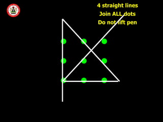 4 straight lines
        Join ALL dots
        Do not lift pen


       


       


       
 