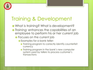 18




Training & Development
 What   is training? What is development?
 Training: enhances the capabilities of an
  employee to perform his or her current job
     Focuses on the current job
       Examples    for a bank teller:
          Training program to correctly identify counterfeit
           currency
          Training program in the bank‟s new computer
           system used by tellers to process customer‟s
           transactions
 