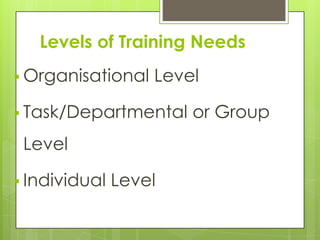 Levels of Training Needs
 Organisational   Level

 Task/Departmental    or Group
 Level

 Individual   Level
 