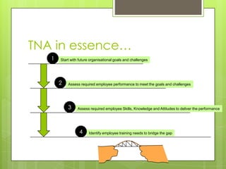 TNA in essence…
   1   Start with future organisational goals and challenges




       2   Assess required employee performance to meet the goals and challenges




           3     Assess required employee Skills, Knowledge and Attitudes to deliver the performance




                  4     Identify employee training needs to bridge the gap
 