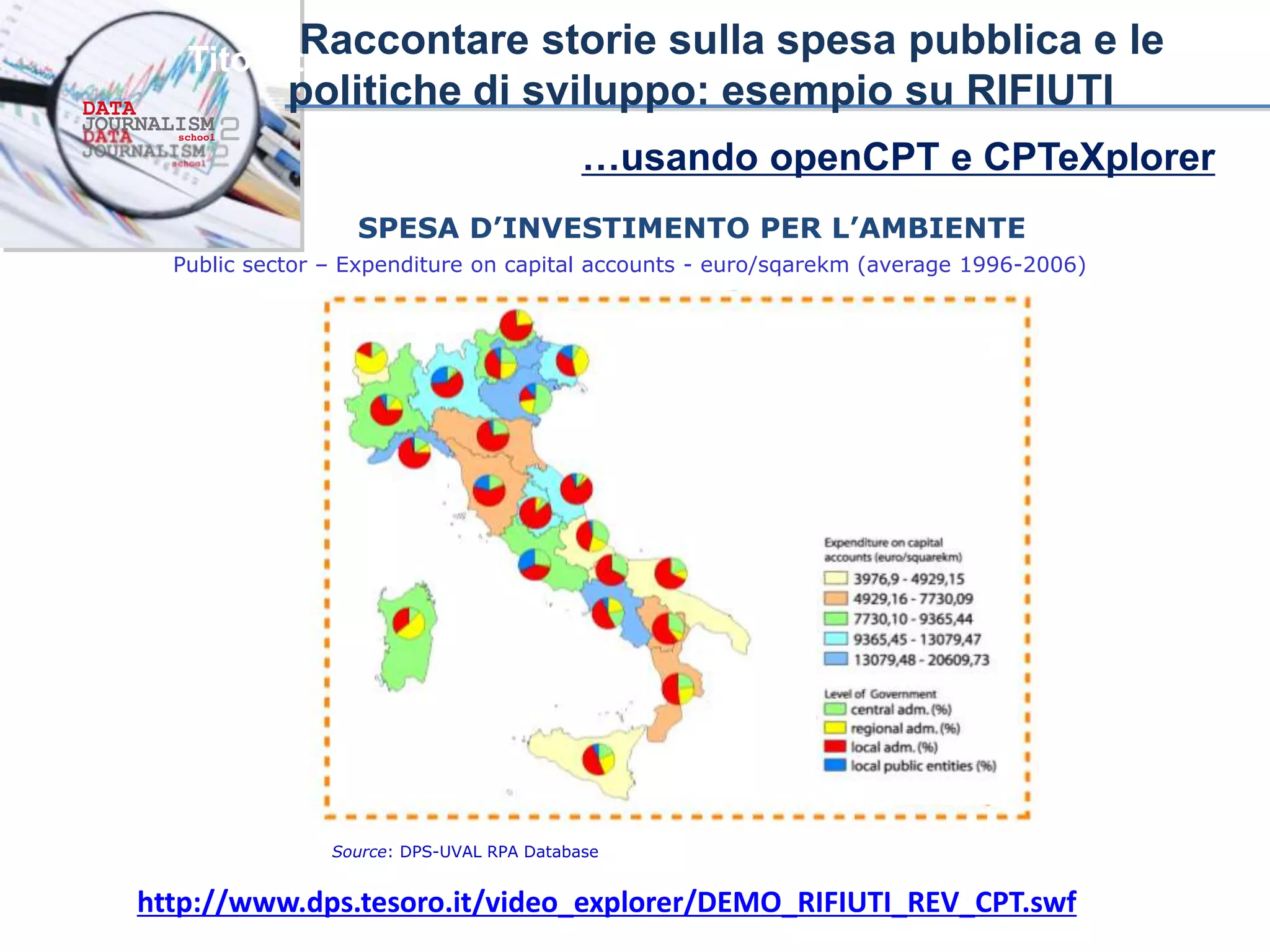 Titolo titolo titolo titoloRaccontare storie sulla spesa pubblica e le
politiche di sviluppo: esempio su RIFIUTI
Source: DPS-UVAL RPA Database
Public sector – Expenditure on capital accounts - euro/sqarekm (average 1996-2006)
SPESA D’INVESTIMENTO PER L’AMBIENTE
http://www.dps.tesoro.it/video_explorer/DEMO_RIFIUTI_REV_CPT.swf
…usando openCPT e CPTeXplorer
 