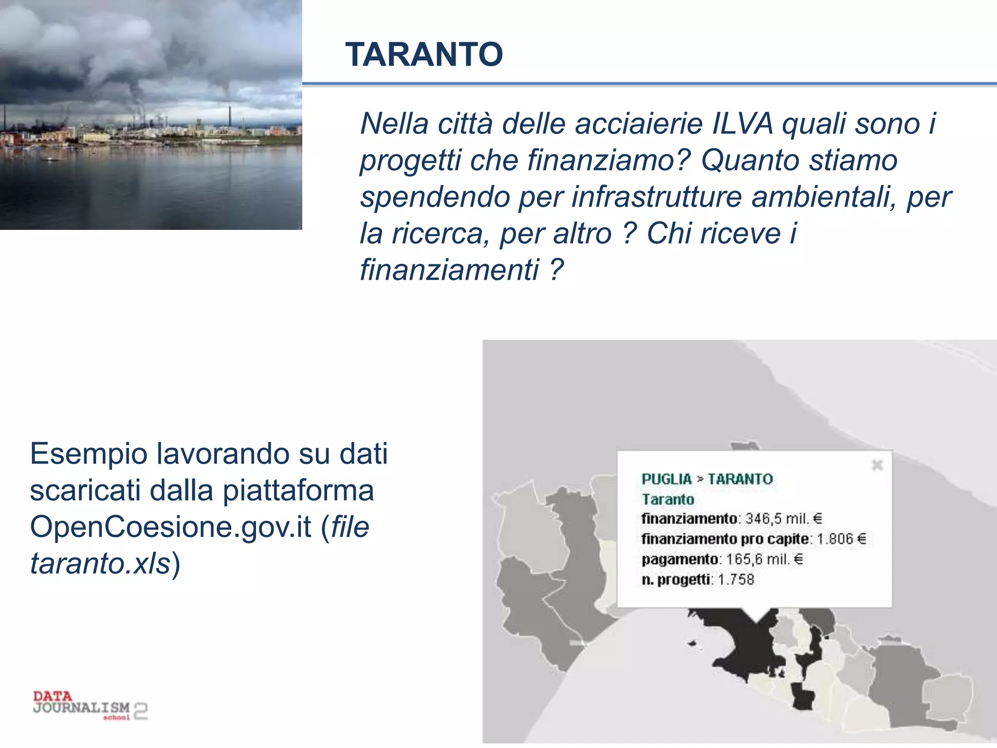 Titolo titolo titolo titoloTARANTO
Esempio lavorando su dati
scaricati dalla piattaforma
OpenCoesione.gov.it (file
taranto.xls)
Nella città delle acciaierie ILVA quali sono i
progetti che finanziamo? Quanto stiamo
spendendo per infrastrutture ambientali, per
la ricerca, per altro ? Chi riceve i
finanziamenti ?
 