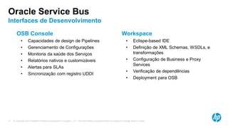 © Copyright 2013 Hewlett-Packard Development Company, L.P. The information contained herein is subject to change without notice.37
Oracle Service Bus
Interfaces de Desenvolvimento
OSB Console
• Capacidades de design de Pipelines
• Gerenciamento de Configurações
• Monitoria da saúde dos Serviços
• Relatórios nativos e customizáveis
• Alertas para SLAs
• Sincronização com registro UDDI
Workspace
• Eclispe-based IDE
• Definição de XML Schemas, WSDLs, e
transformações
• Configuração de Business e Proxy
Services
• Verificação de dependências
• Deployment para OSB
 