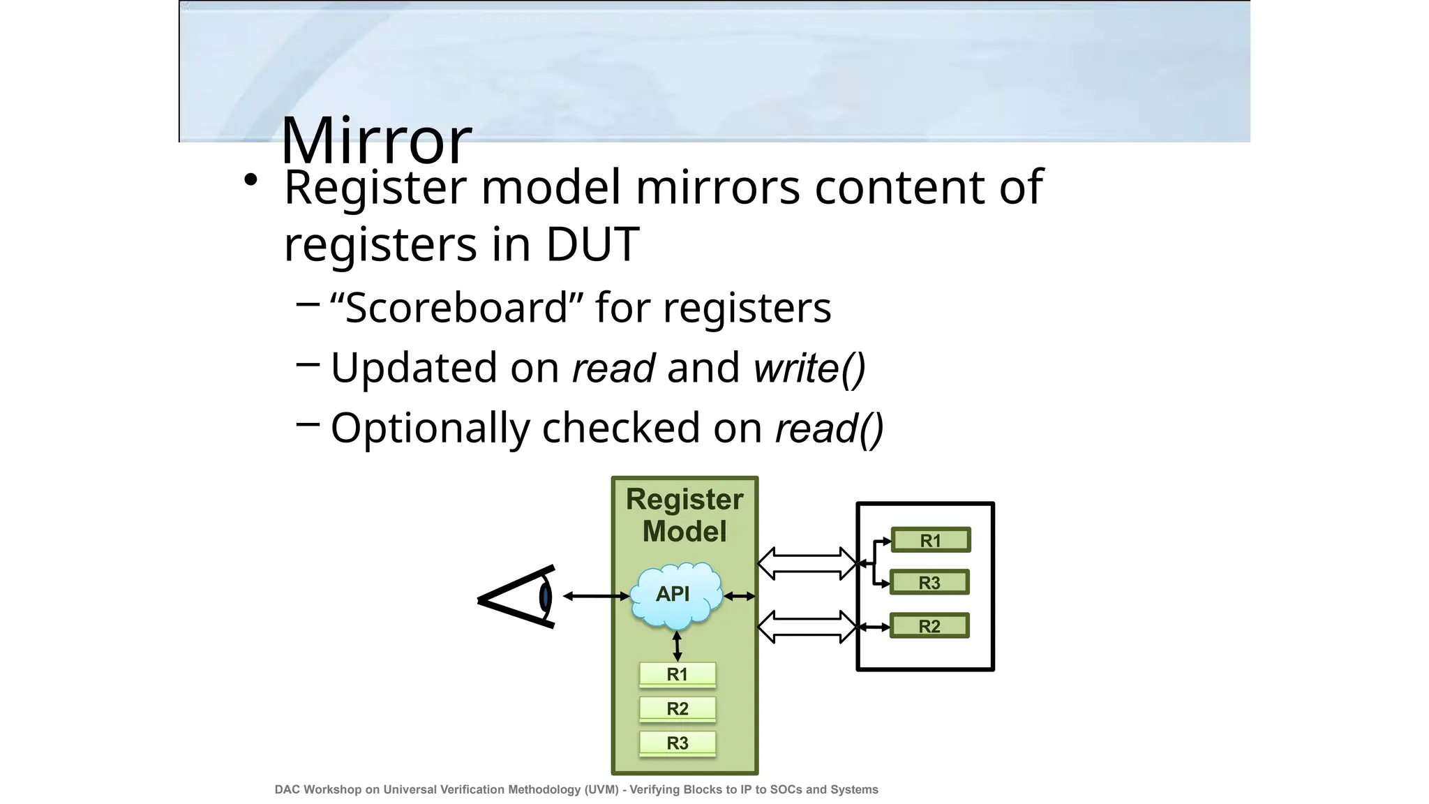 Mirror
• Register model mirrors content of
registers in DUT
– “Scoreboard” for registers
– Updated on read and write()
– Optionally checked on read()
Register
Model R1
R2
R3
R1
R3
R2
API
DAC Workshop on Universal Verification Methodology (UVM) - Verifying Blocks to IP to SOCs and Systems
16
 