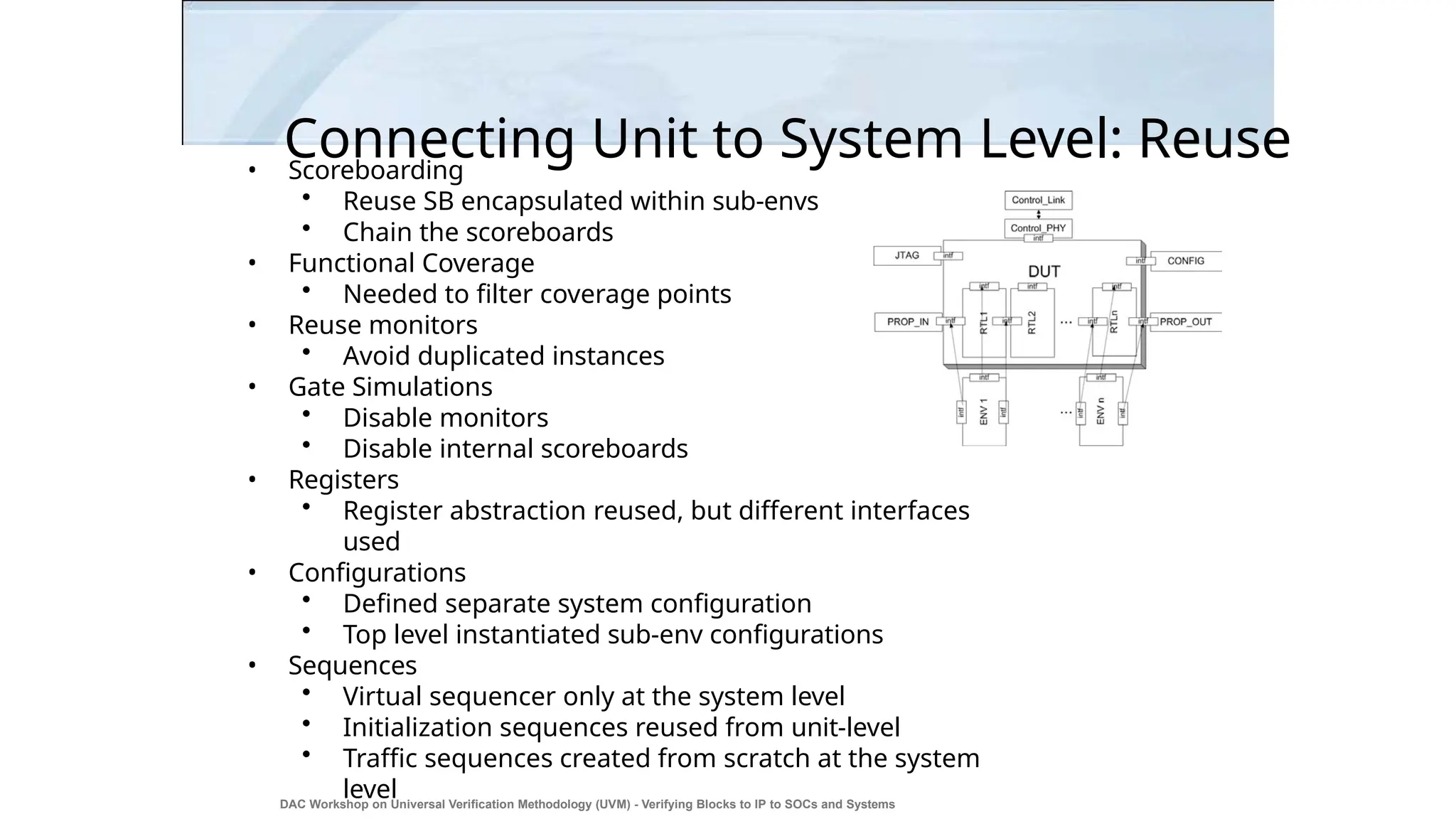 • Scoreboarding
• Reuse SB encapsulated within sub-envs
• Chain the scoreboards
• Functional Coverage
• Needed to filter coverage points
• Reuse monitors
• Avoid duplicated instances
• Gate Simulations
• Disable monitors
• Disable internal scoreboards
• Registers
• Register abstraction reused, but different interfaces
used
• Configurations
• Defined separate system configuration
• Top level instantiated sub-env configurations
• Sequences
• Virtual sequencer only at the system level
• Initialization sequences reused from unit-level
• Traffic sequences created from scratch at the system
level
DAC Workshop on Universal Verification Methodology (UVM) - Verifying Blocks to IP to SOCs and Systems
41
Connecting Unit to System Level: Reuse
 